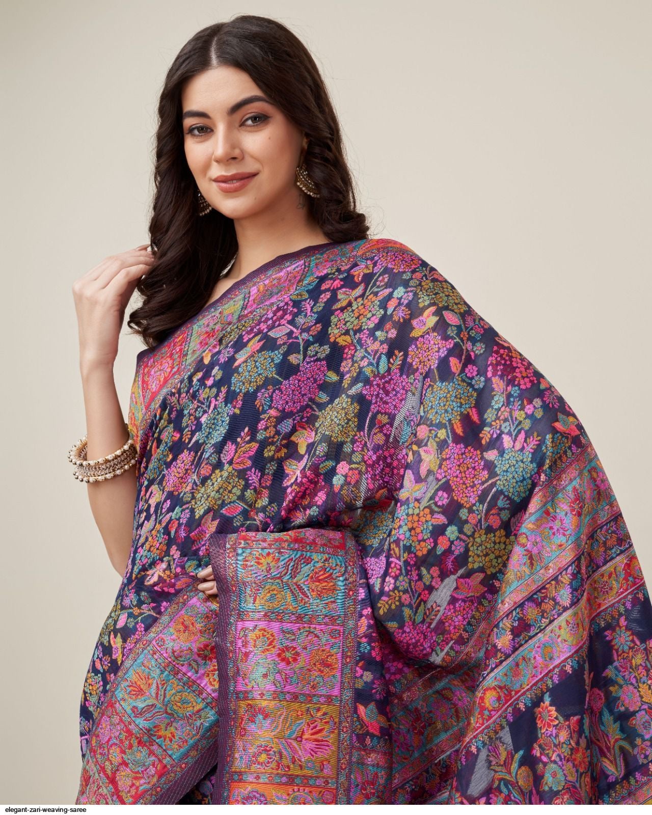 Purple Pure Soft Pashmina Kachi Work Saree