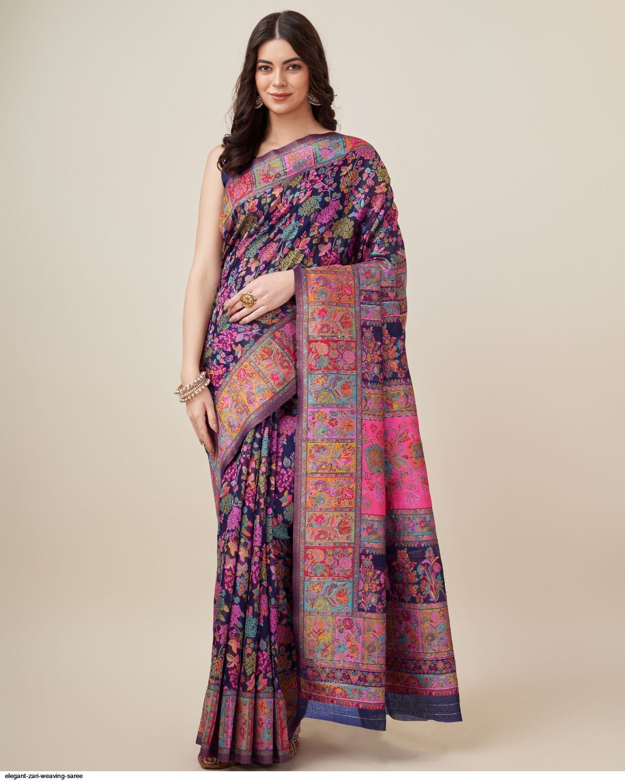 Purple Pure Soft Pashmina Kachi Work Saree