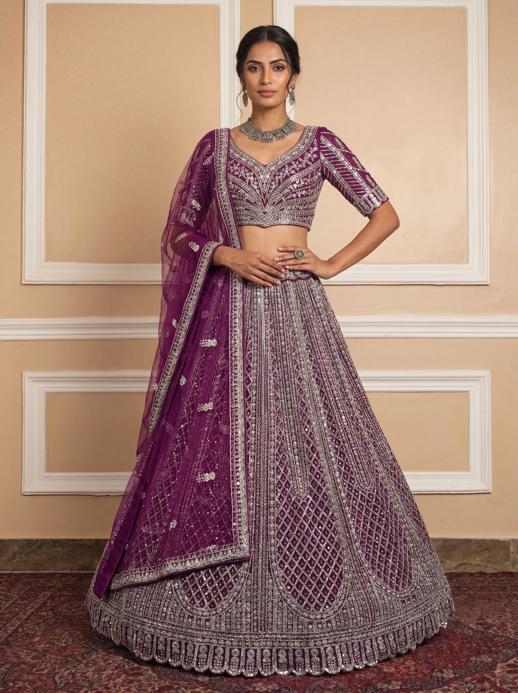 Purple Pure Soft Net Heavy Embroidery Work Bridal Lehenga