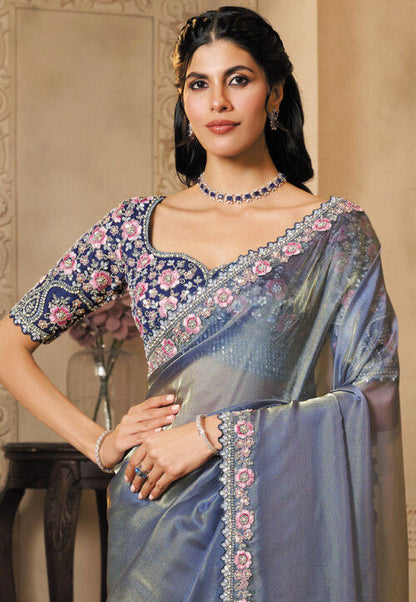 Grey Pure Soft Organza Satin Handwork Designer Bridal Saree 