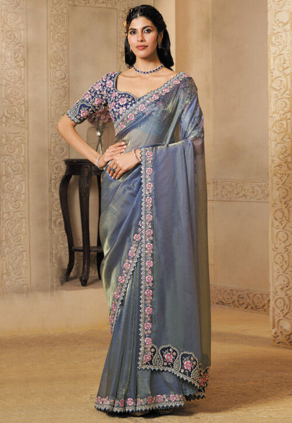 Grey Pure Soft Organza Satin Handwork Designer Bridal Saree 