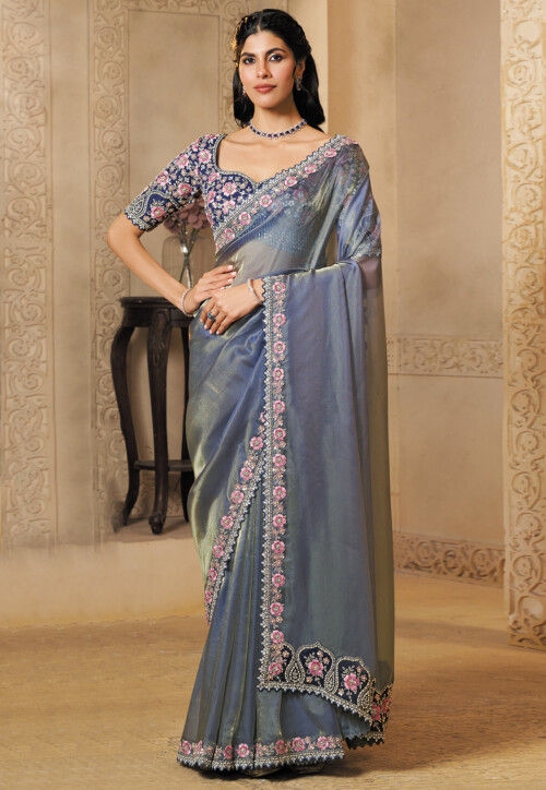 Grey Pure Soft Organza Satin Handwork Designer Bridal Saree