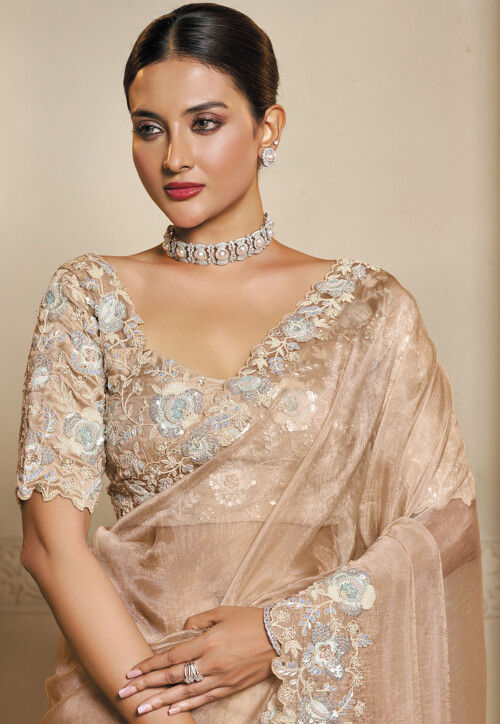 Beige Organza Crush Satin Silk Bridal Saree 