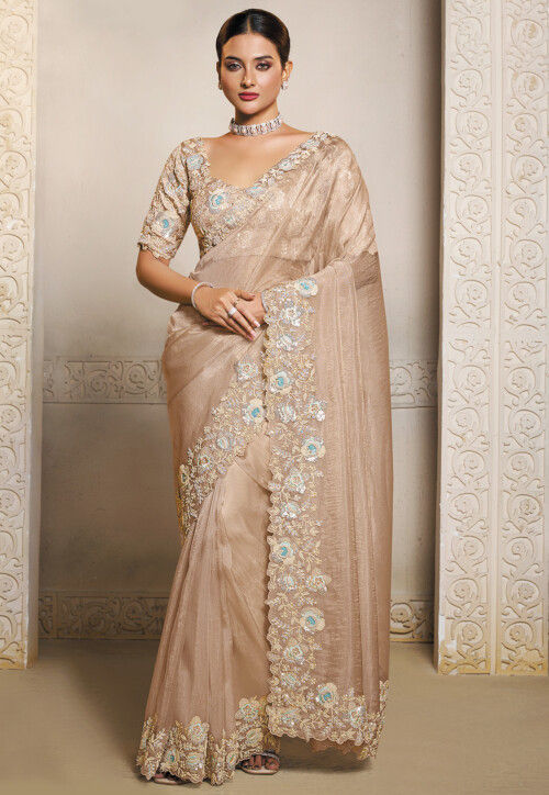 Beige Organza Crush Satin Silk Bridal Saree 