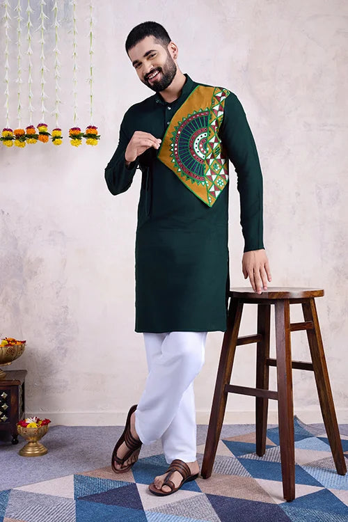 Embroidered with Real Mirror Work Green Color Men's Kurta