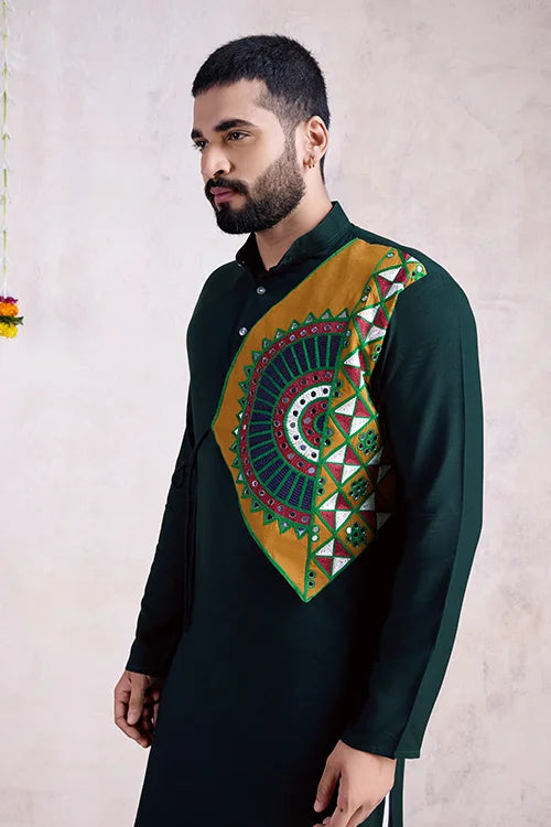 Embroidered with Real Mirror Work Green Color Men's Kurta
