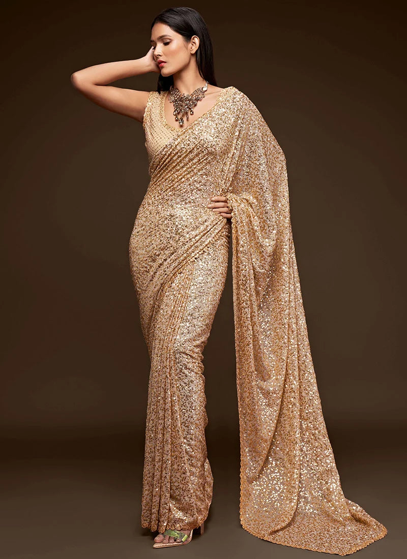 Golden Pure Chiffon Sequins Embroidery Work Ready to Wear Saree ##color## Chiffon Sarees with premium fabric and embroidery