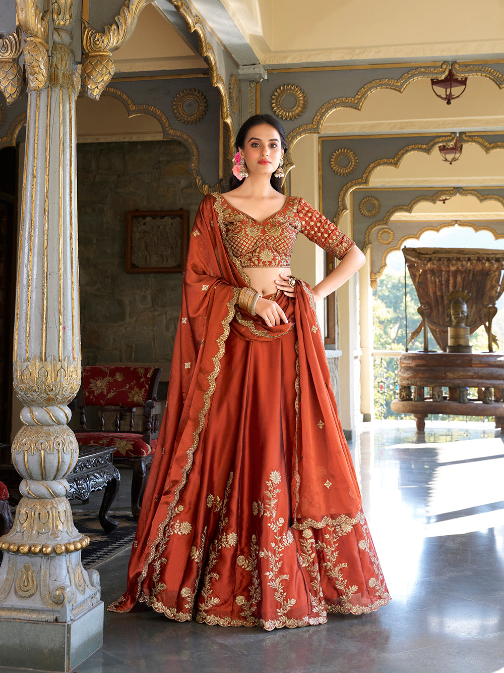 Rust Pure Rangoli Silk Sequins &amp; Thread Embroidery Work Lehenga Choli
