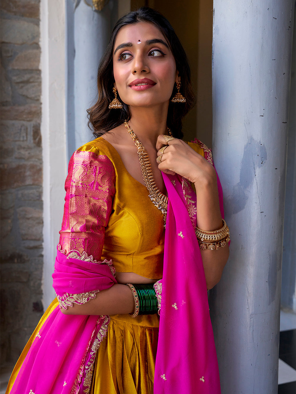 Mustard Pure Narayan Pattu with Zari Weaving &amp; Embroidery Paithani Lehenga Choli