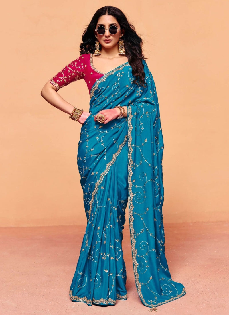 Blue Pure Organza Satin With Sequins Heavy Embroidery Work Organza Saree 