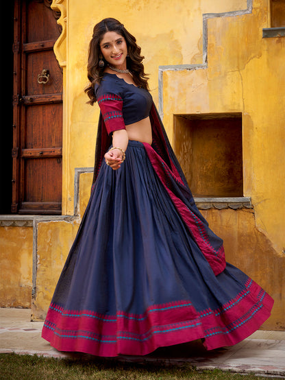 Navy Blue Color Thread Work With Chanderi Lehenga 