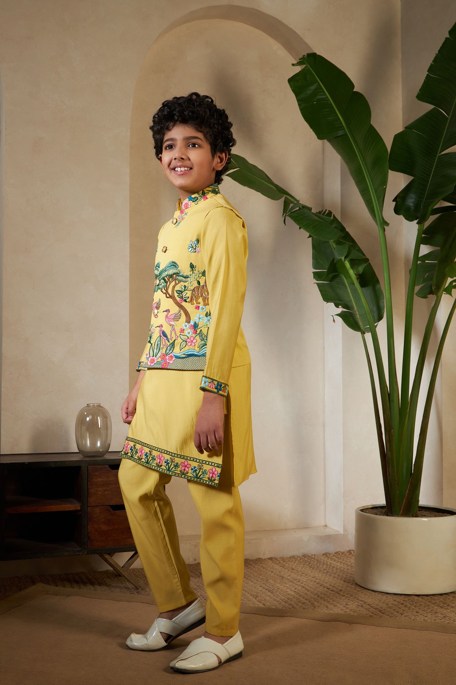 Yellow Pure Viscose Silk Silk Kids Boy Kurta Pajama With Koti Jacket 
