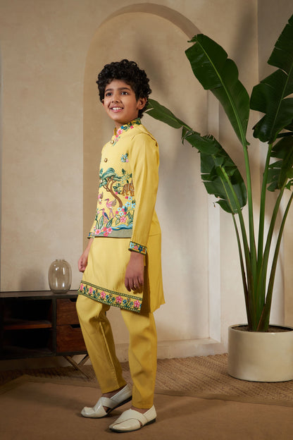 Yellow Pure Viscose Silk Silk Kids Boy Kurta Pajama With Koti Jacket 