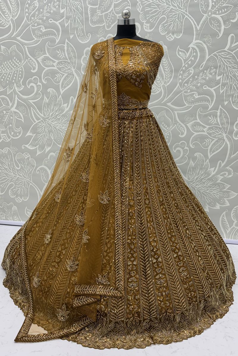 Golden Pure Soft Net Heavy Embroidery Work Bridal Lehenga 