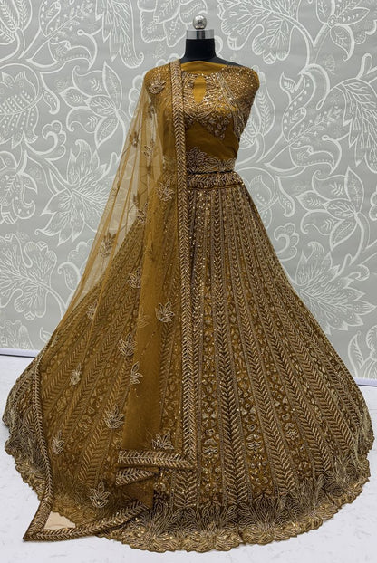 Golden Pure Soft Net Heavy Embroidery Work Bridal Lehenga 
