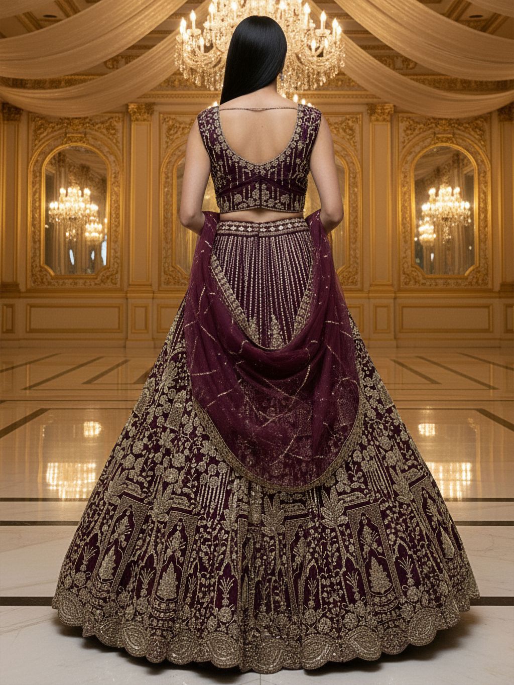 Merlot Pure Soft Net Heavy Embroidery Work Bridal Lehenga