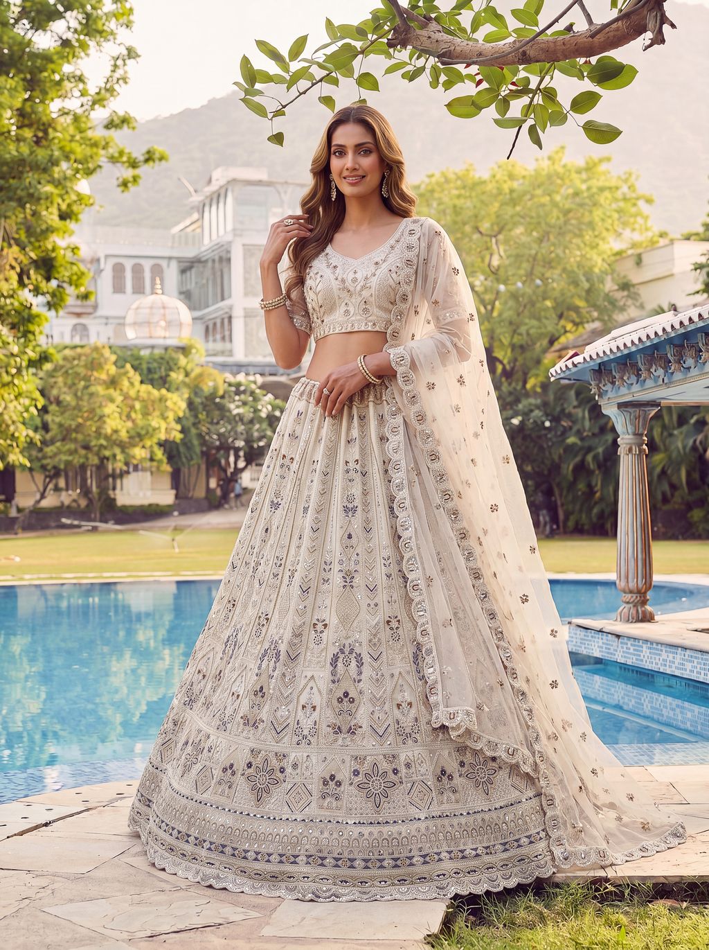 White Pure Soft Heavy Net Fancy Embroidery Work Bridal Lehenga Choli