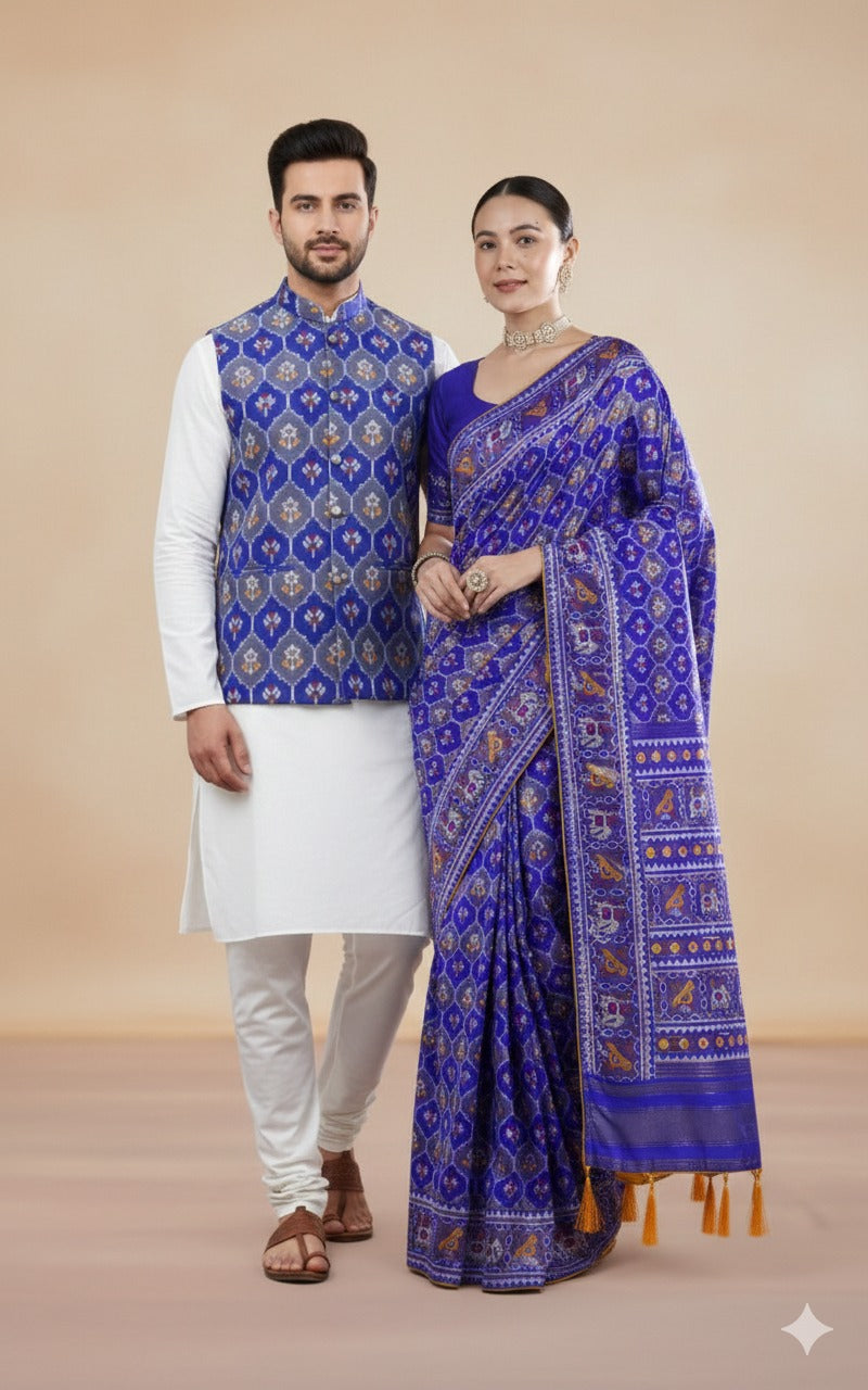 Blue Pure Banarasi Patola Saree With Kurta Jacket Matching Couple Combo Set ##color## Couple Combo with premium fabric and embroidery