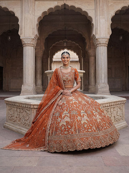 Orange Pure Soft Silk Heavy Embroidery Work Bridal Lehenga 