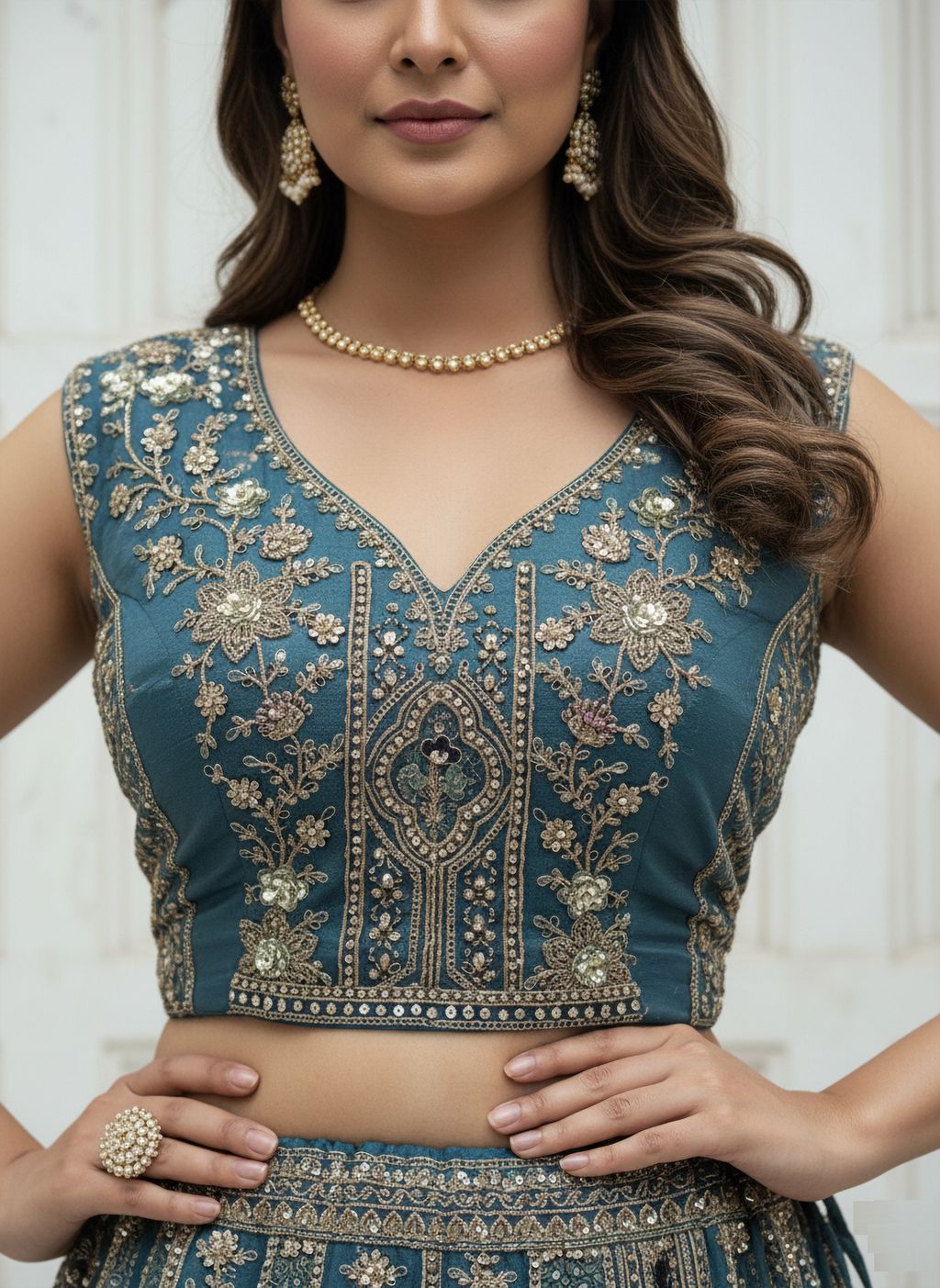 Firozi Pure Soft Orgenza Sequins Work Bridal Lehenga Choli