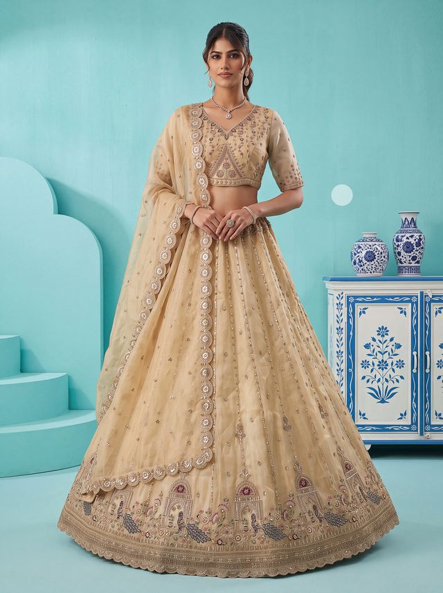 Off White Pure Chandnia Silk Handwork Motif Peacock Pattern Crystal Beads Multi Thread Dori &amp; Sequins Work Bridal Lehenga Choli