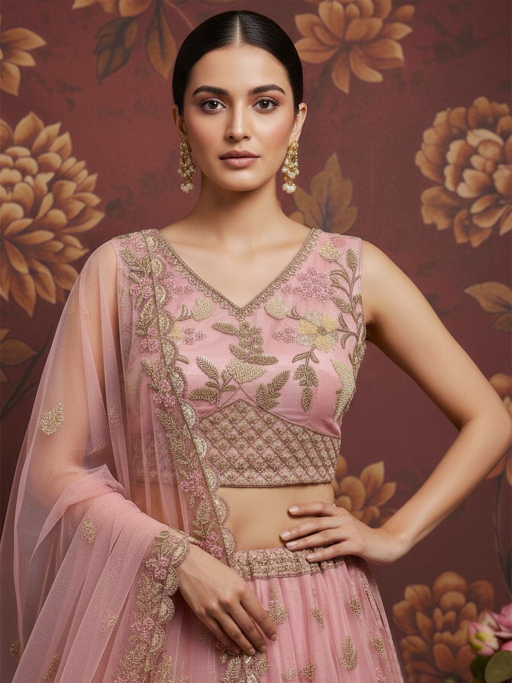 Pink Pure Soft Net Heavy Embroidery Work Bridal Lehenga