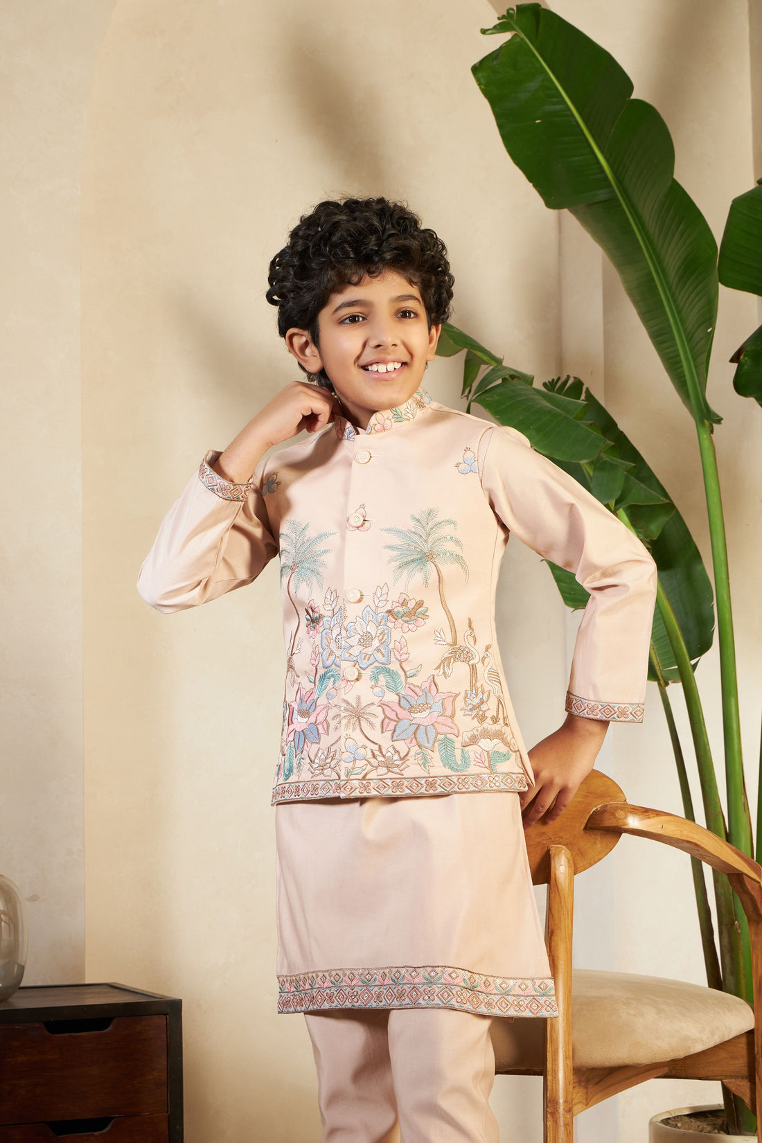 Chiku Pure Viscose Silk Silk Kids Boy Kurta Pajama With Koti Jacket 