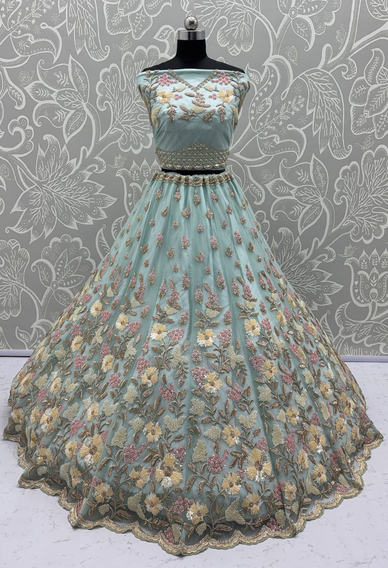 Sky Blue Pure Soft Net Heavy Embroidery Work Bridal Lehenga