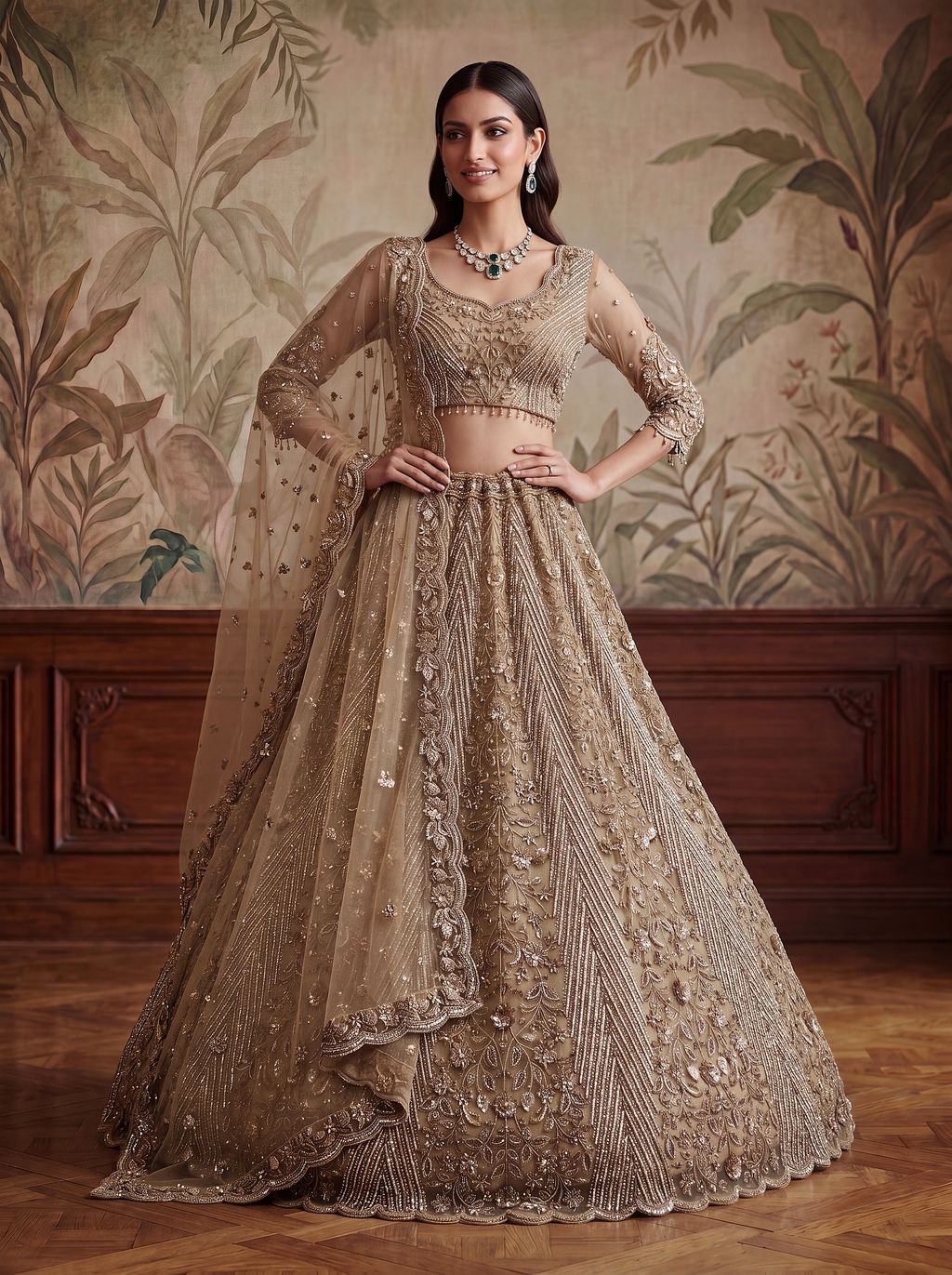 Golden Pure Soft Heavy Net Fancy Embroidery Work Bridal Lehenga Choli