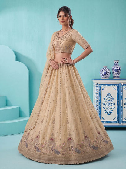Off White Pure Chandnia Silk Handwork Motif Peacock Pattern Crystal Beads Multi Thread Dori &amp; Sequins Work Bridal Lehenga Choli