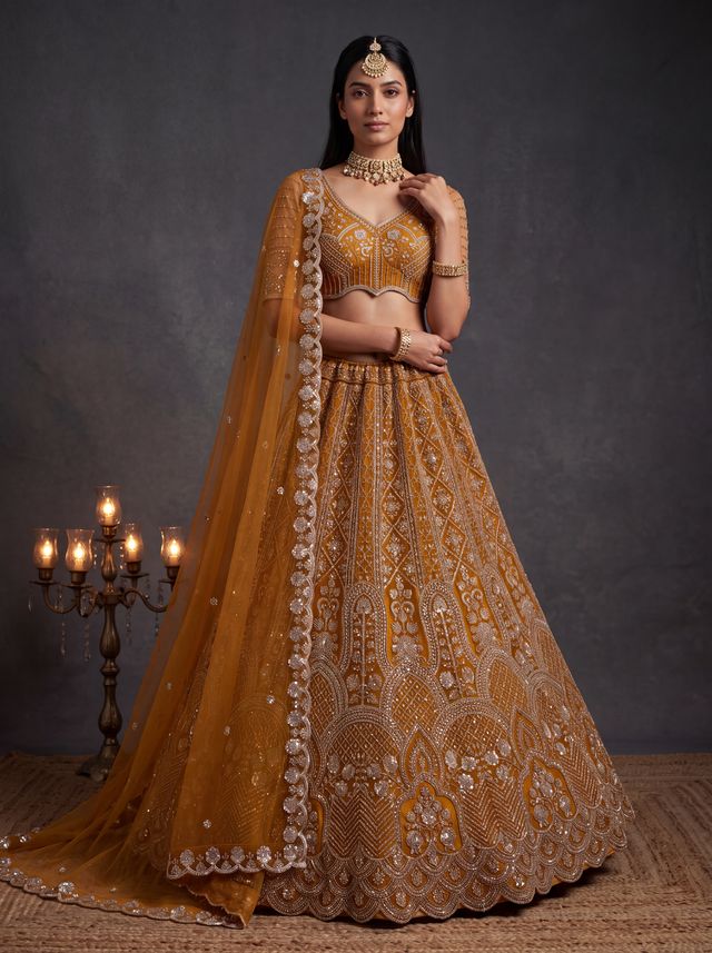 Rust Pure Heavy Net Motif Handwork Zari Sequins Work Bridal Lehenga Choli