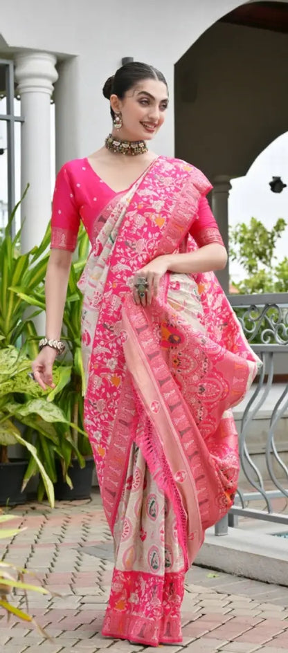 Pink Pure Soft Banarasi Silk Patola Zari Woven Saree 