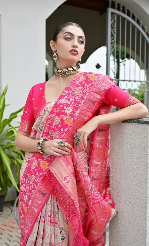 Pink Pure Soft Banarasi Silk Patola Zari Woven Saree