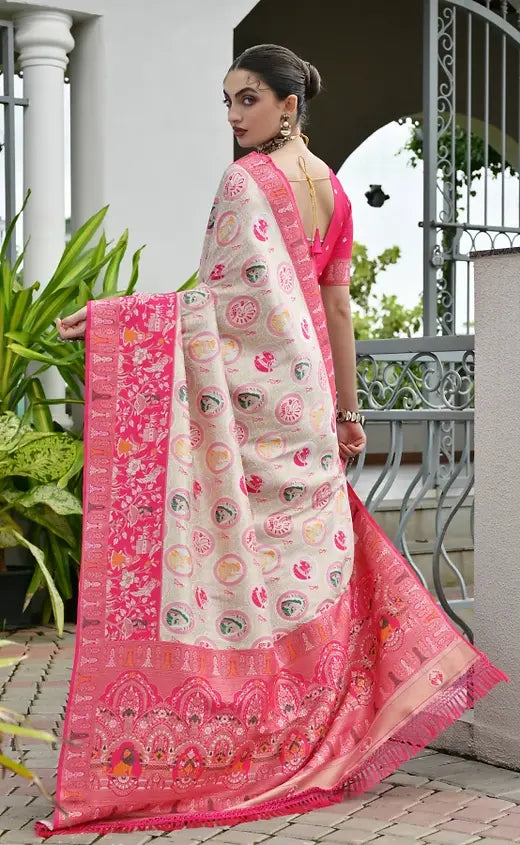 Pink Pure Soft Banarasi Silk Patola Zari Woven Saree 