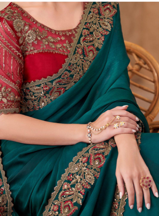 Teal Blue Pure Georgette Chiffon With Embroidery Sequins Saree 
