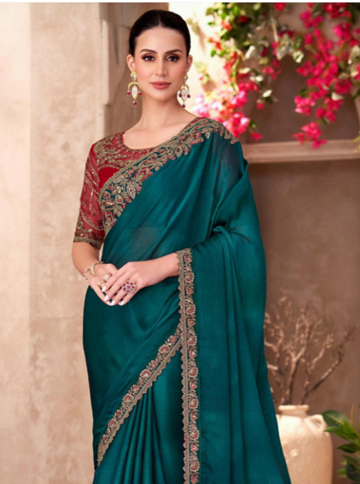 Teal Blue Pure Georgette Chiffon With Embroidery Sequins Saree 