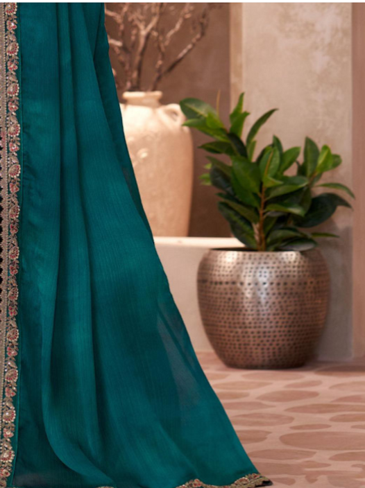 Teal Blue Pure Georgette Chiffon With Embroidery Sequins Saree ##color## Georgette Saree with premium fabric and embroidery
