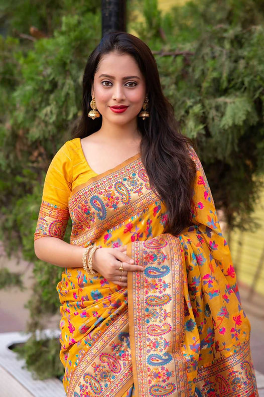 Yellow Pure Soft Pashmina Kachi Work Saree Pashmina Saree Anant Tex Exports Pvt.Ltd..