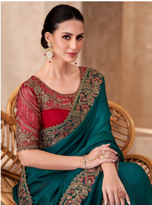 Teal Blue Pure Georgette Chiffon With Embroidery Sequins Saree 