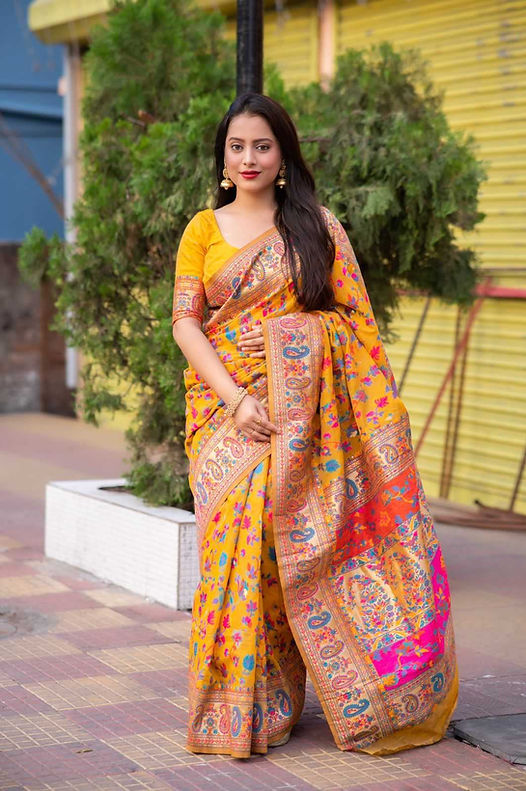 Yellow Pure Soft Pashmina Kachi Work Saree