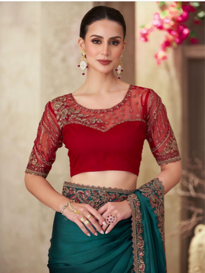 Teal Blue Pure Georgette Chiffon With Embroidery Sequins Saree 