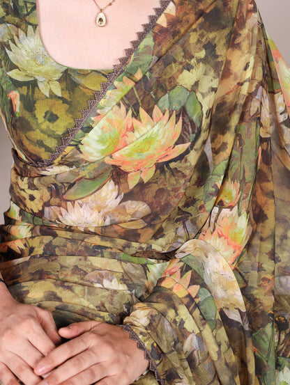 Mehandi Pure Weightless Marbal With Floral Print Weightless Saree