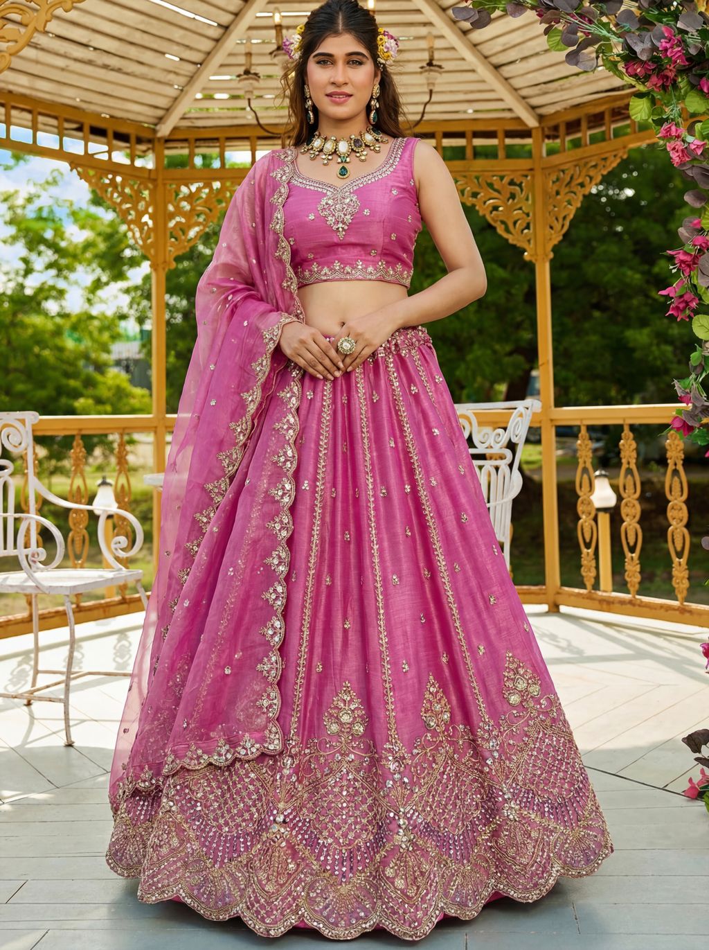 Pink Pure Soft Net Heavy Embroidery Work Bridal Lehenga