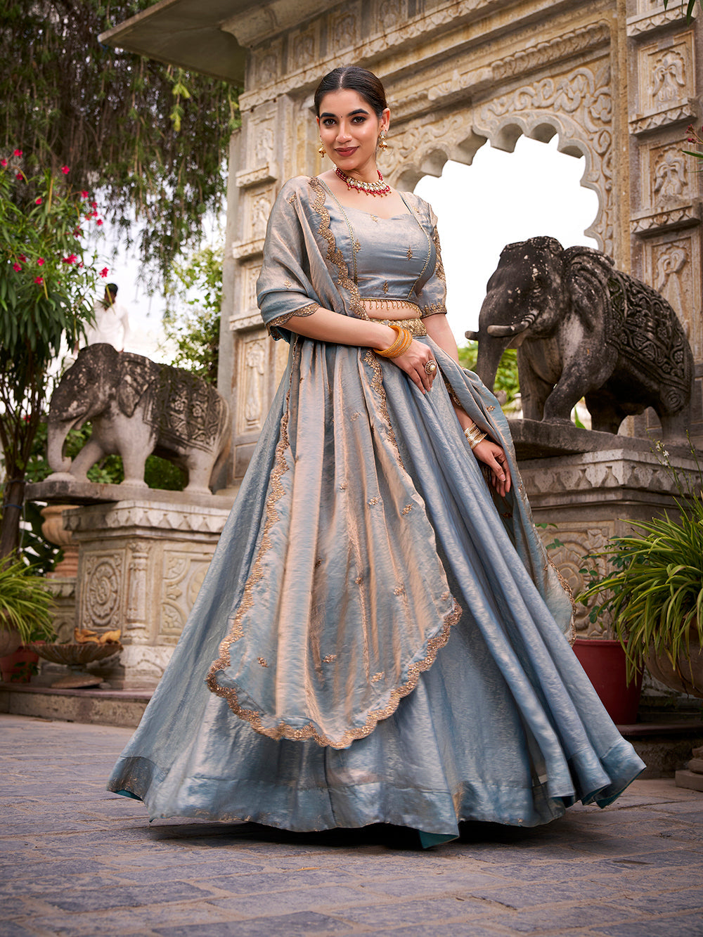 Sky Pure Fendi Silk Sequins &amp; Thread Embroidery Work Lehenga Choli