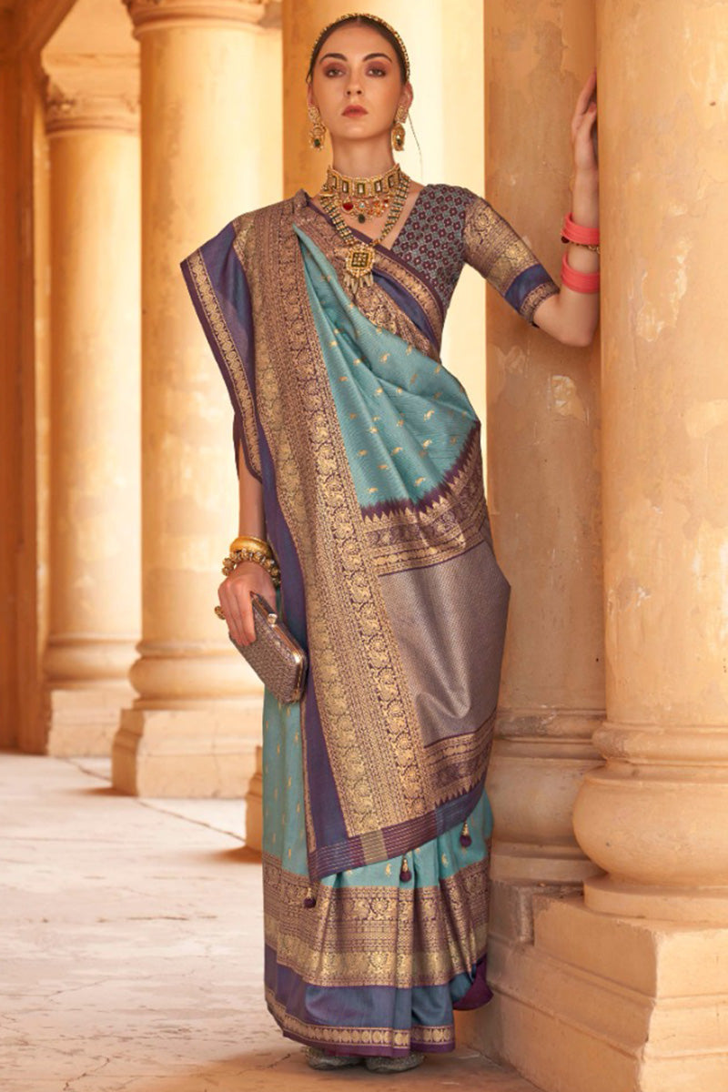 Powder Blue Patola Silk Traditional Woven Saree ##color## Patola Saree with premium fabric and embroidery