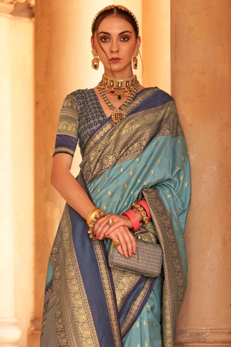 Powder Blue Patola Silk Traditional Woven Saree ##color## Patola Saree with premium fabric and embroidery