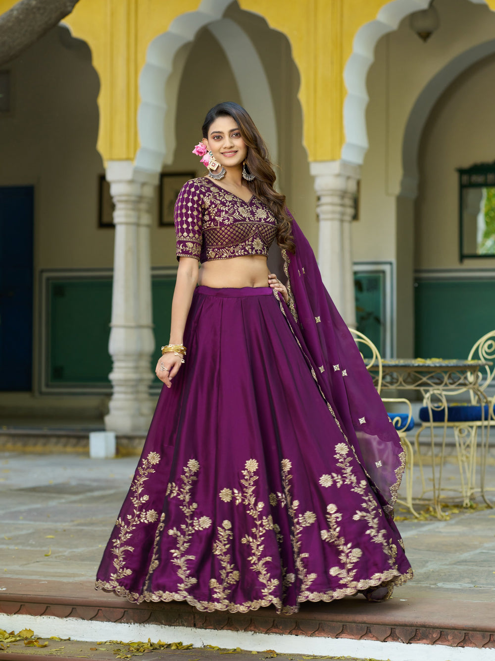 Maroon Pure Rangoli Silk Sequins &amp; Thread Embroidery Work Lehenga Choli