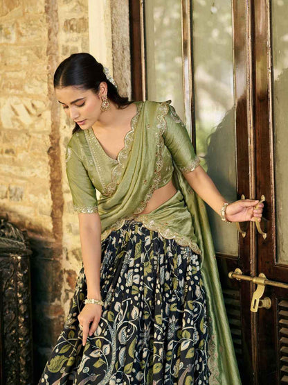 Black Pure Soft Tussar Silk Kalamkari Print Lehenga Choli