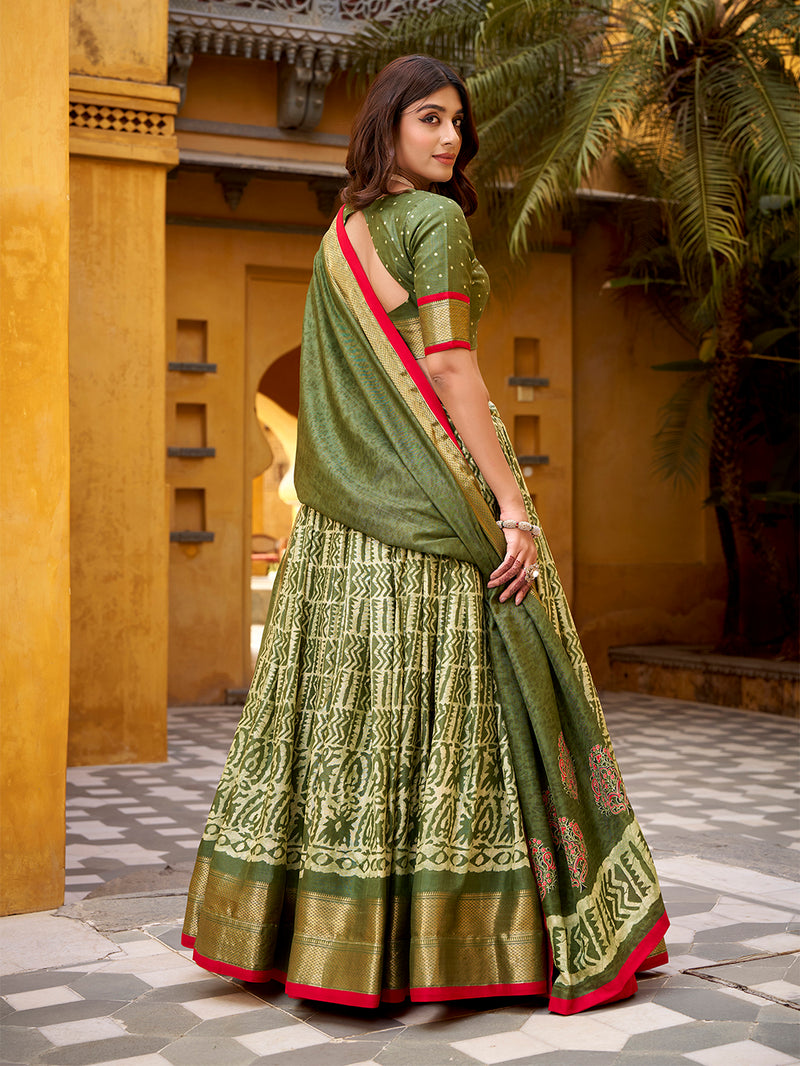 Mehendi Color Batik Printed Dola Silk Lehenga Choli 