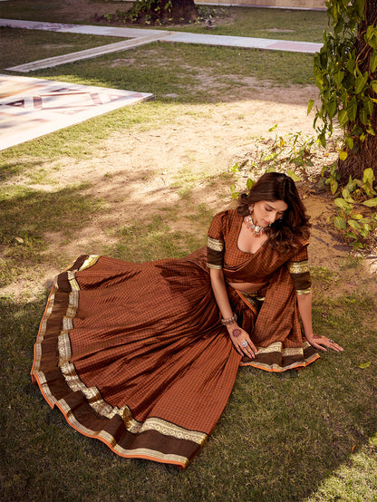 Rust Orange Color Chex With Zari weaving Work Chettinad Cotton Lehenga Chol 